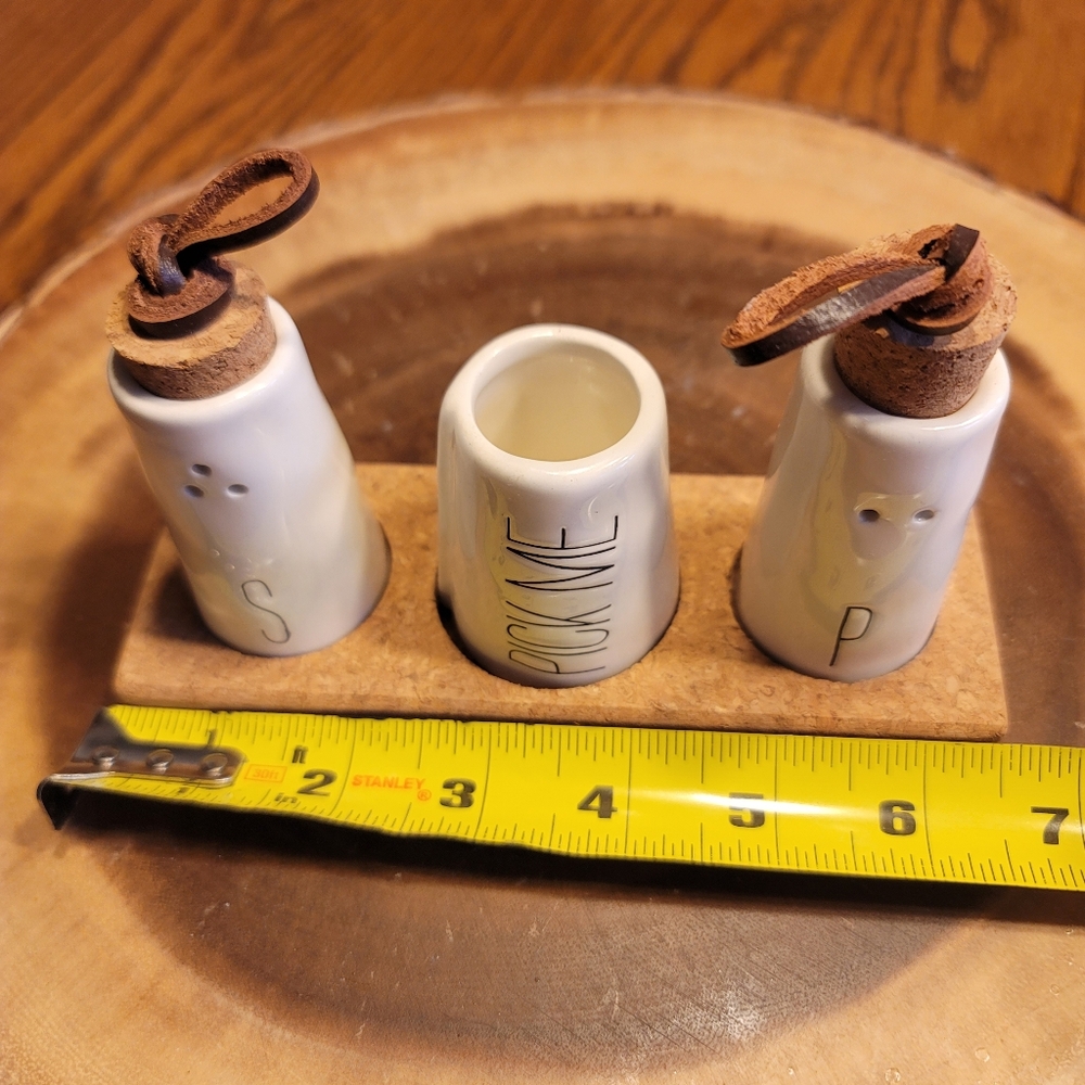 Mud Pie Ceramic Salt Pepper Shakers & Toothpick Holder With Cork Tray - Picture 10 of 12